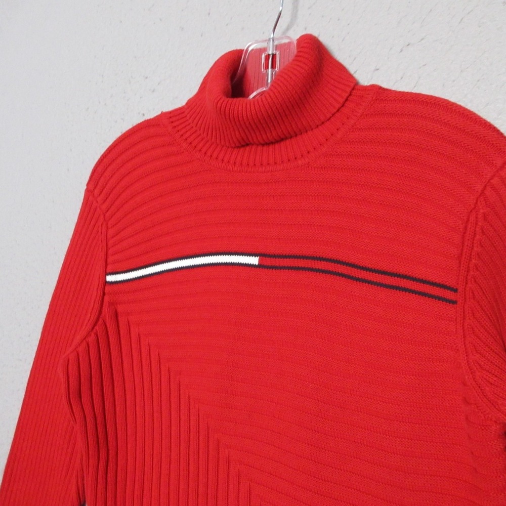 Vintage Tommy Hilfiger Sweater Large Ribbed Red Y2K Japan Logo Stripe Turtleneck